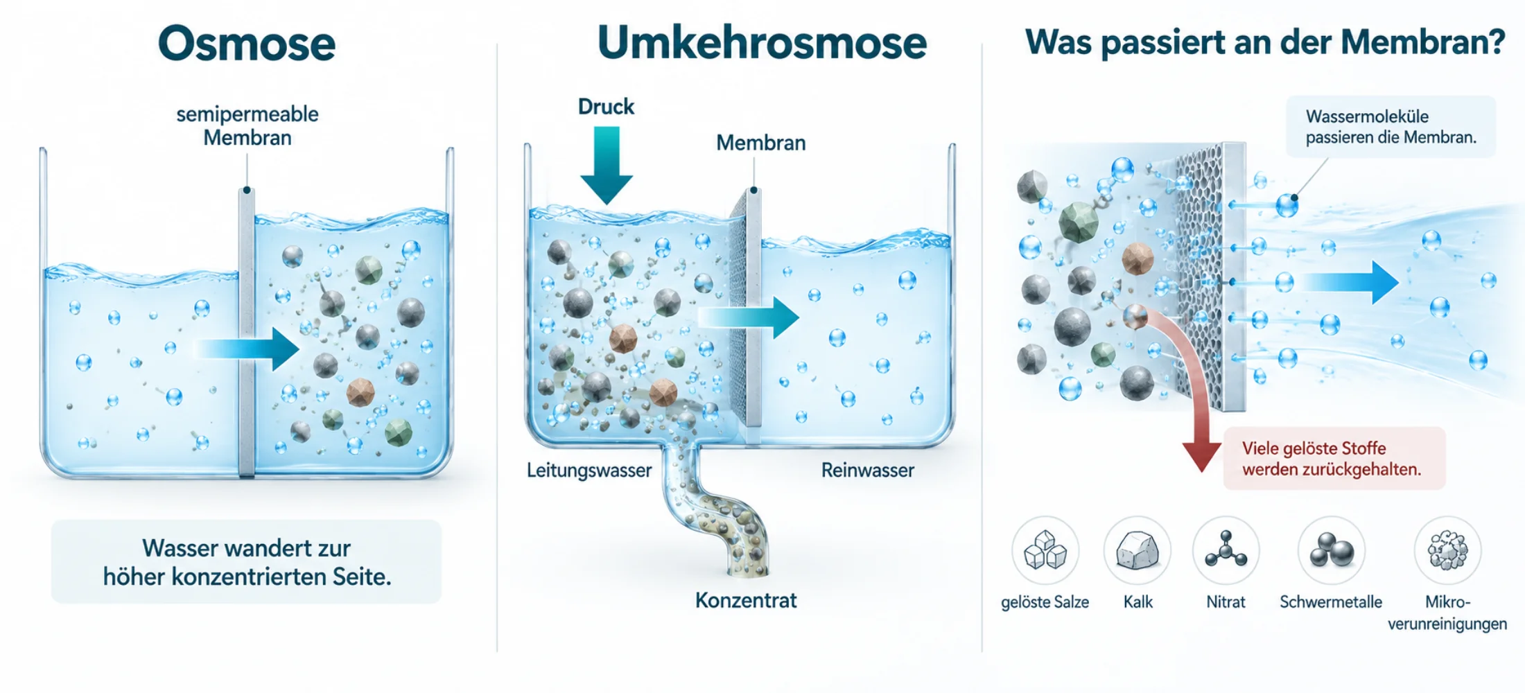 Schema der Umkehrosmose-Membran: Osmose und Umkehrosmose im Vergleich, Funktionsweise der Membran erklärt
