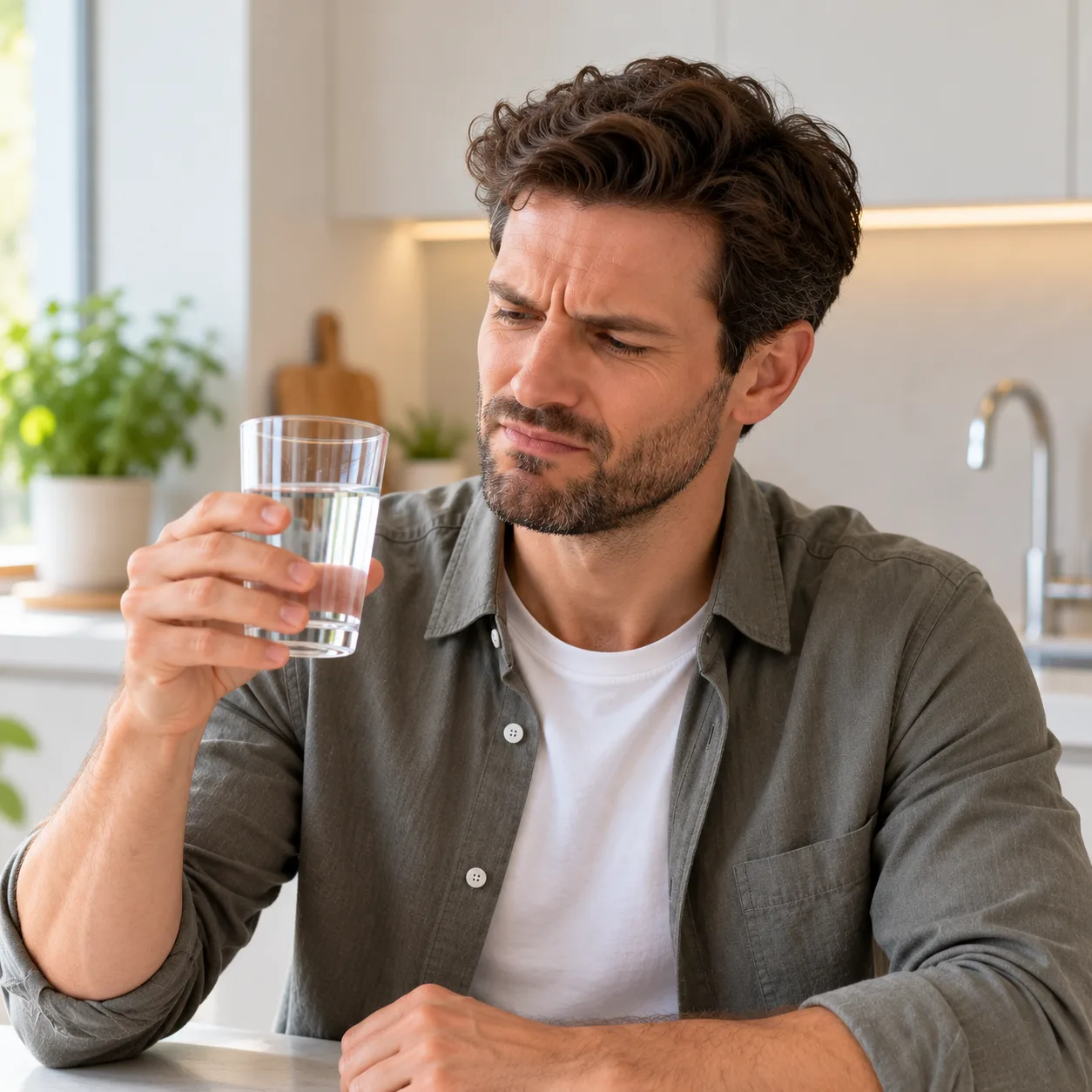 Mann betrachtet skeptisch ein Glas Leitungswasser
