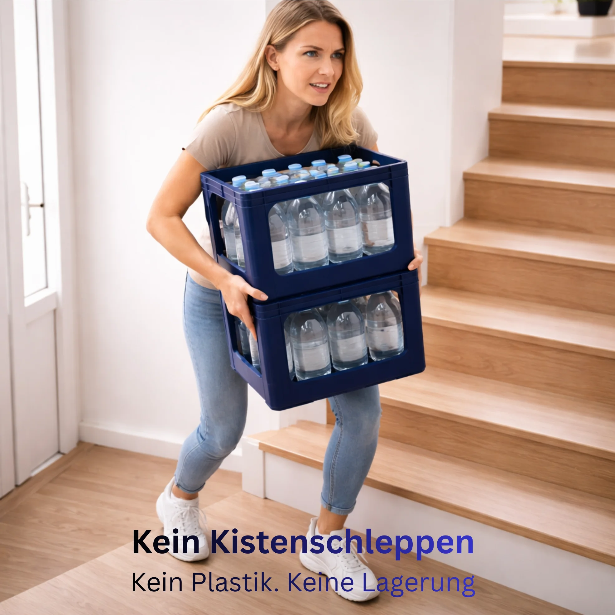 Frau trägt schwere Wasserkisten die Treppe hoch