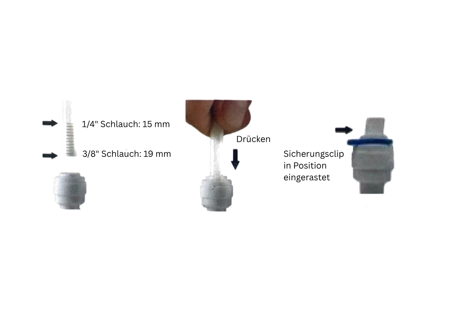 Schlauch einsetzen und Sicherungsclip einrasten