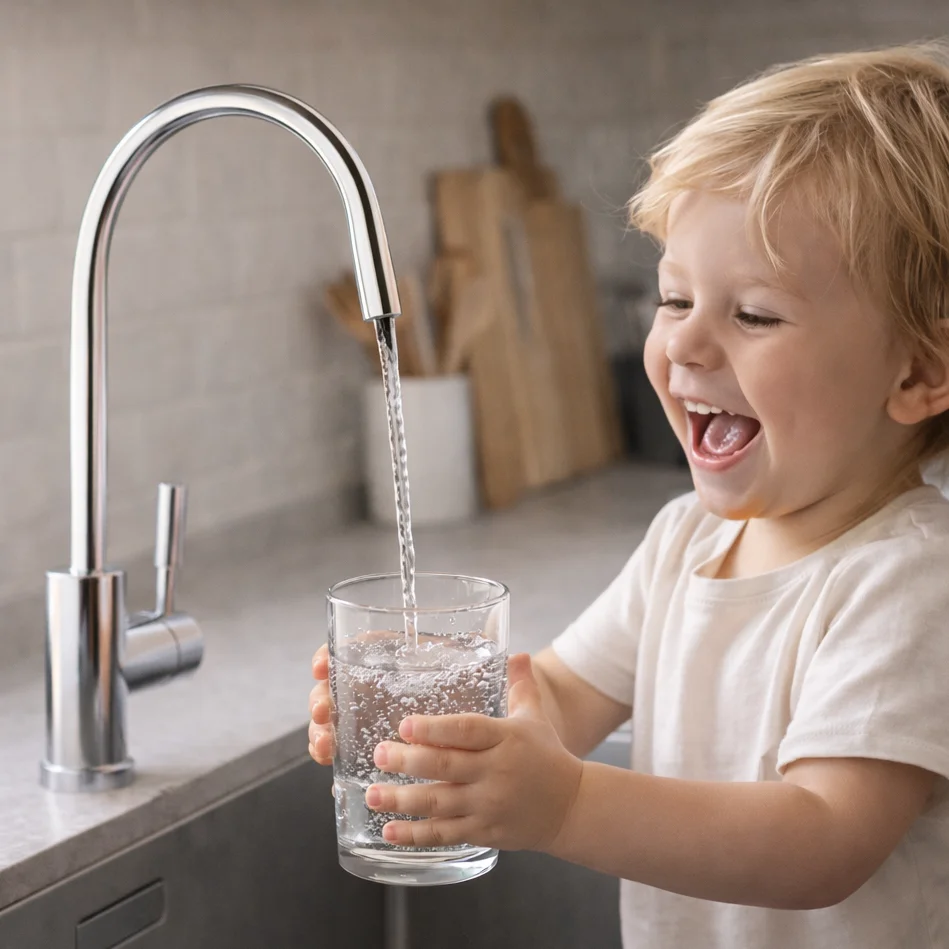 Kind trinkt gefiltertes Wasser direkt aus dem Wasserhahn